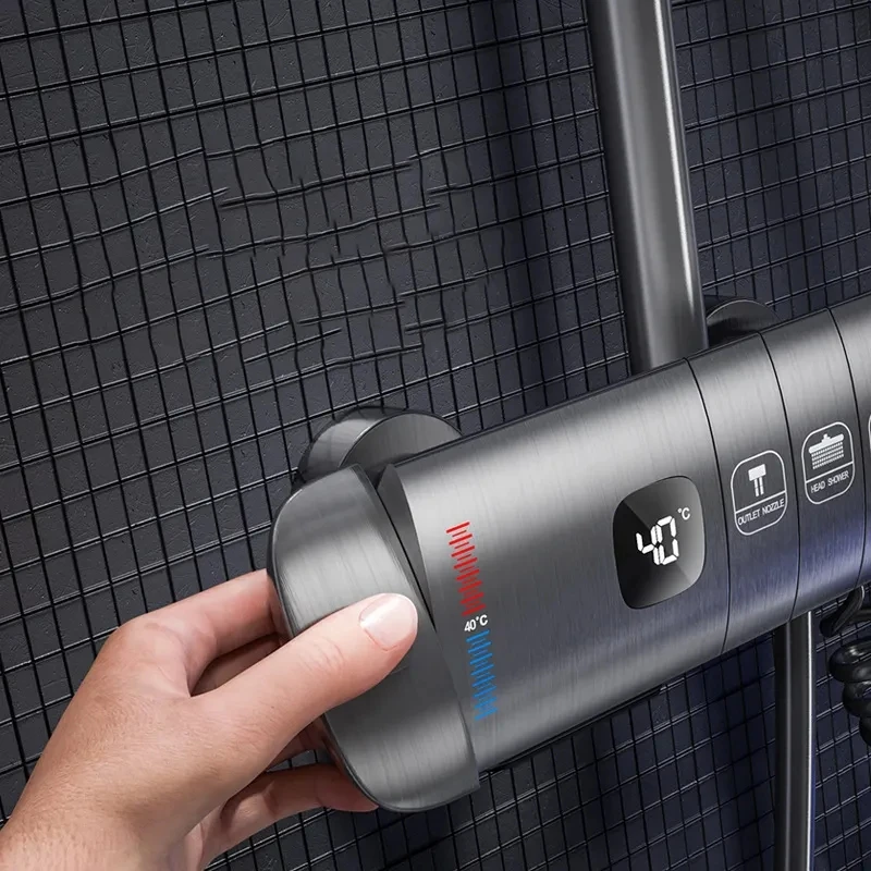 Dark Grey Smart Shower Digital Display No Battery 4 Way Rainfall Piano Shower Set Mixer With Thermostatic valve Shower System