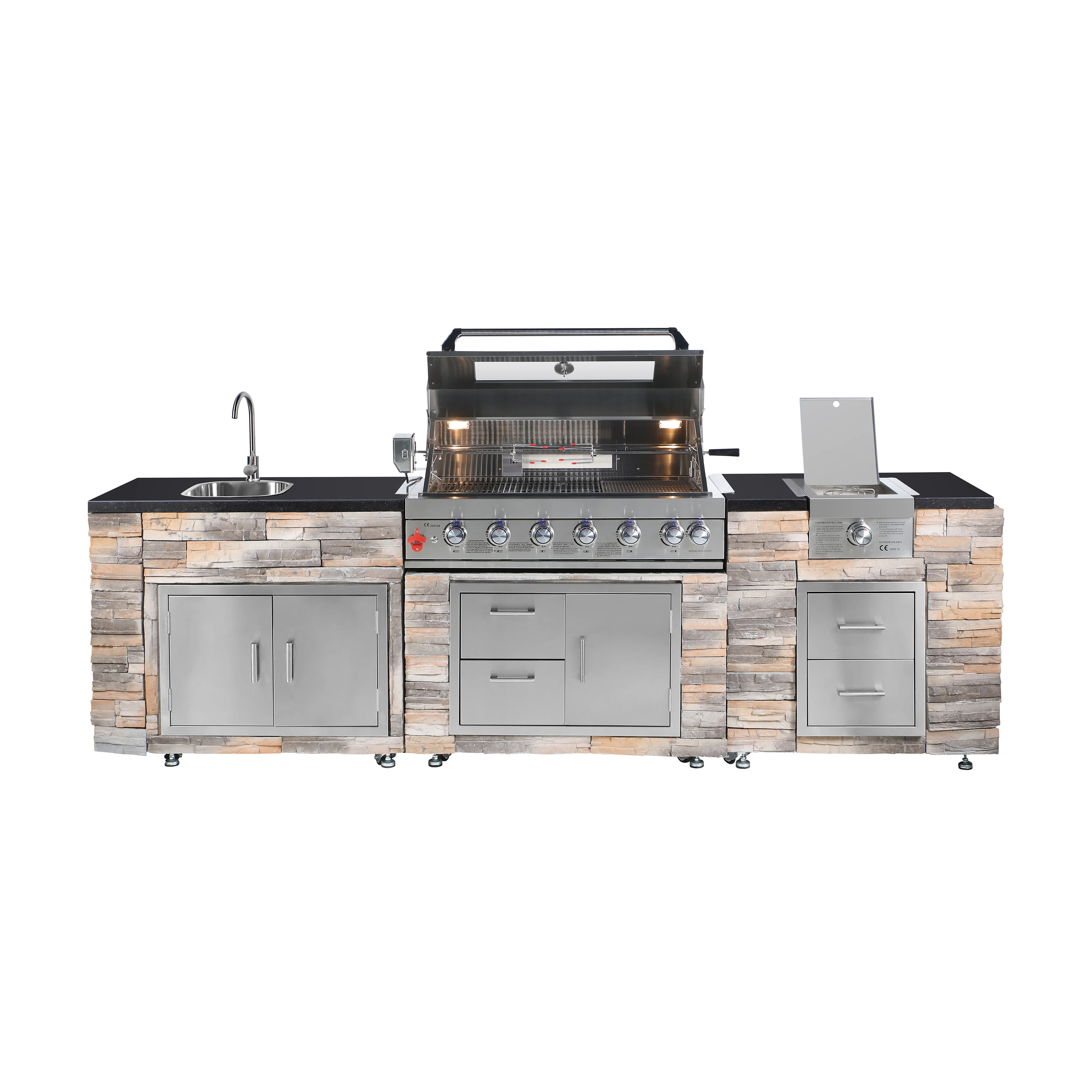 Full Outdoor Stone Barbecue Island with Grill Sink and Refrirator Powder Coated for Outdoor Kitchens