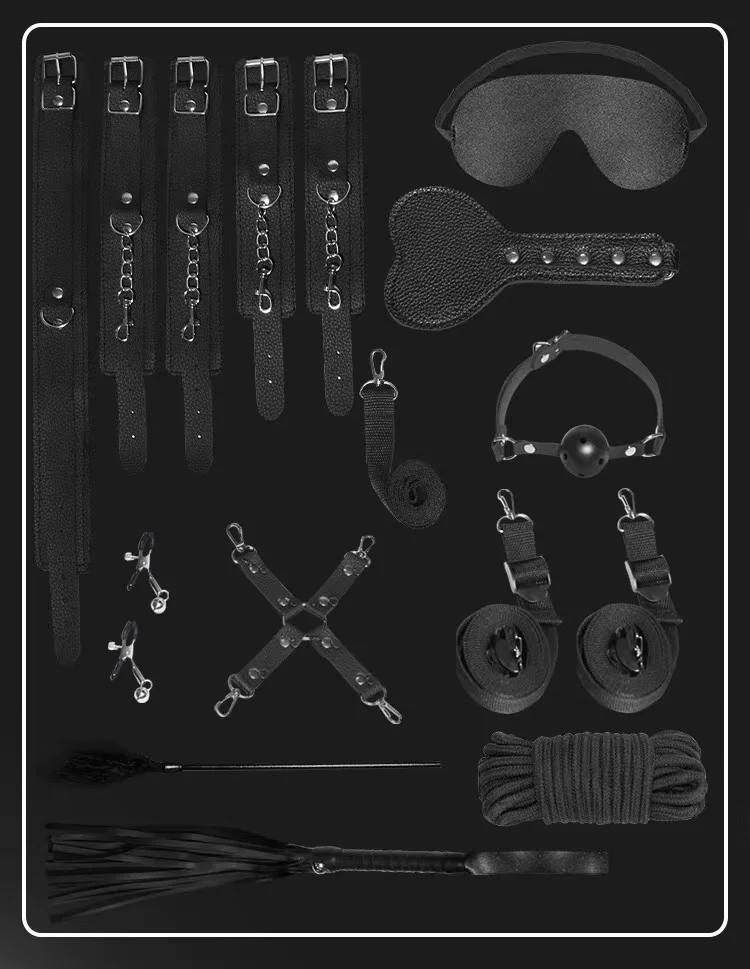 18 piece set Leather Bondage Kit SM Passion Fetish Bed Restraints BDSM Handcuffs Gag Whip Collar Sex Play Bondage Set