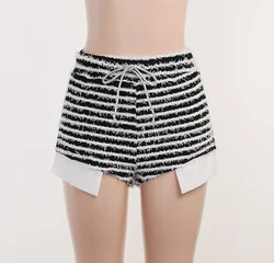 2023 fashion streetwear Woolen white black Contrast shorts hot girls casual sexy high waist Stripe Drawstring women shorts