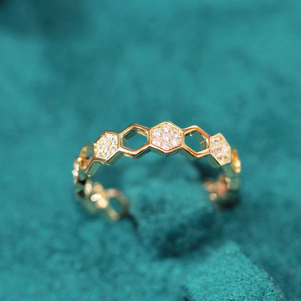  YANYI Delicate Diamond Set Honeycomb Ring With Polygonal Opening Adjustable