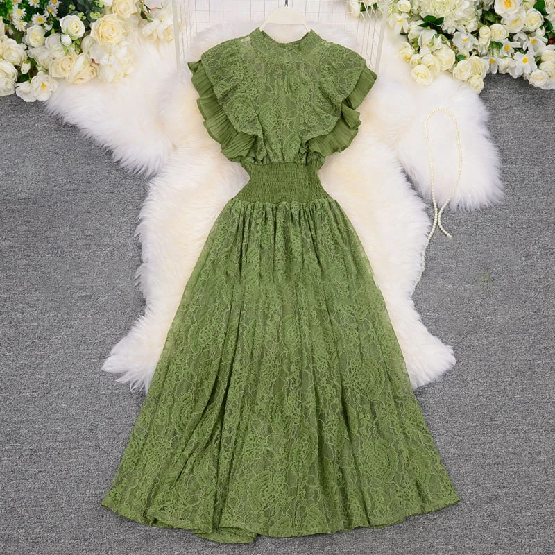 Fashion Spring And Autumn Sleeveless Elegant Ruffle Black Green Formal Lace Maxi Dress