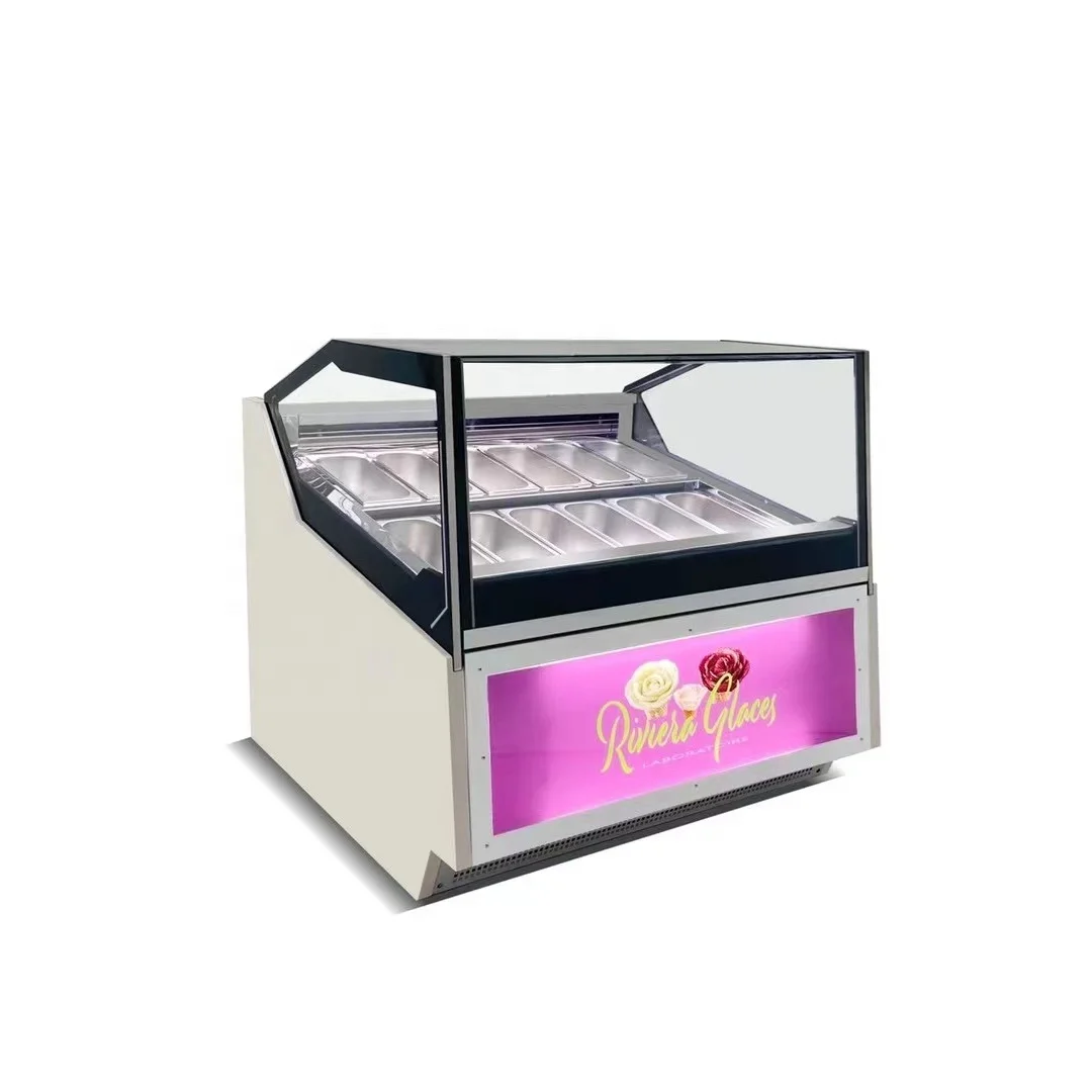 
12 Pans Deluxe right angles Ice Cream Freezer Italy Display Refrigerator Batch Freezer Hard Ice Cream Display Freezer 