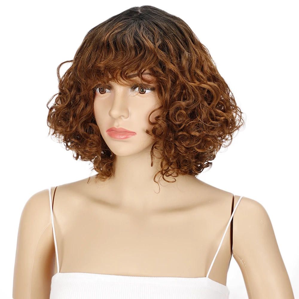 Rebecca Short Wigs for Black Women Curly Afro Kinky Wavy Wig with Bangs Black Natural Looking Synthetic Hair Replacement Wigs