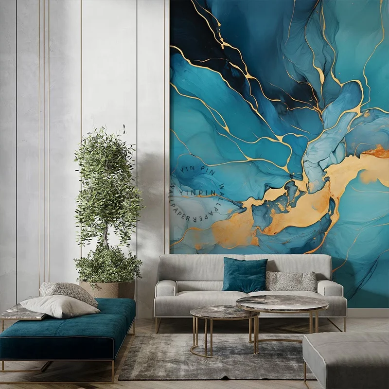 Blue and gold marble wall art wallpaper abstract modern mural