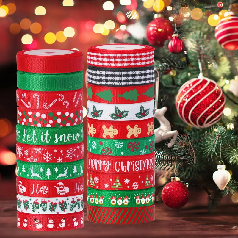 3/8 Inch crafts DIY decorations holiday polyester grosgrain webbing christmas ribbon trim for gift package wrapping