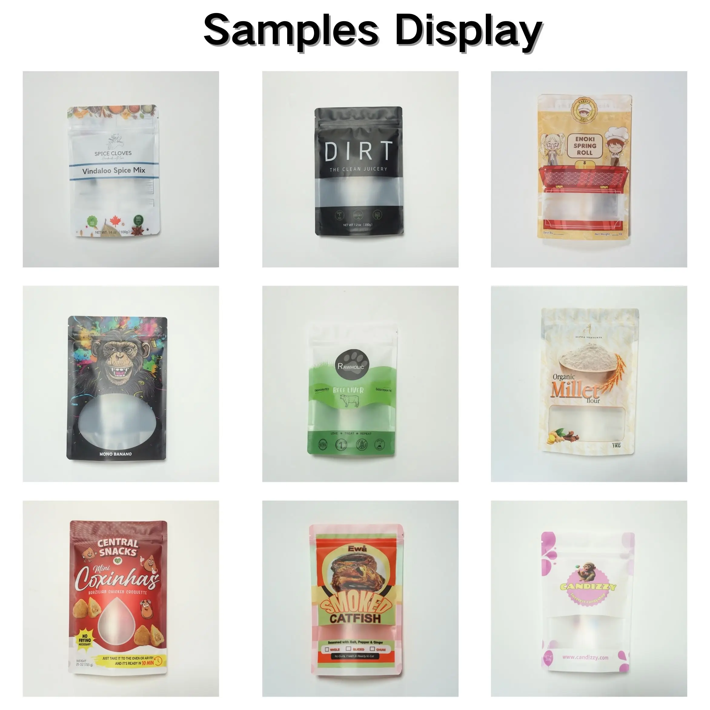 Custom Digital Printing Plastic Resealable Candy Nuts Mylar Bags For Food Storage Packaging Ziplock Clear Window Stand Up Pouch