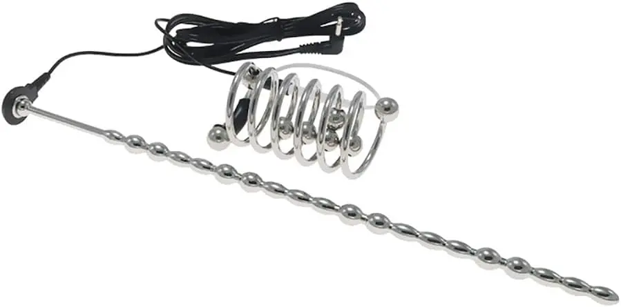 SM Electric Shock Stainless Steel Beads Urethral Dilators Long Electric Urethral Plug Cock Ring Set
