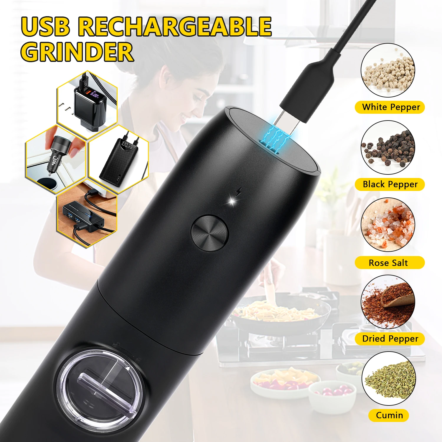 Dallfoll Electric Salt and Pepper Grinder with LED Light Rechargeable Salt Pepper Grinder with 5 Adjustable Grinding Coarseness