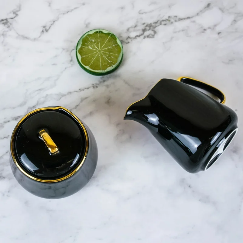 Hot Sale Nordic Ceramic Tableware And Tea Sets vintage tea cup set 27 pcs Gold Rimmed Royal Black Ceramic Tea Cups Set