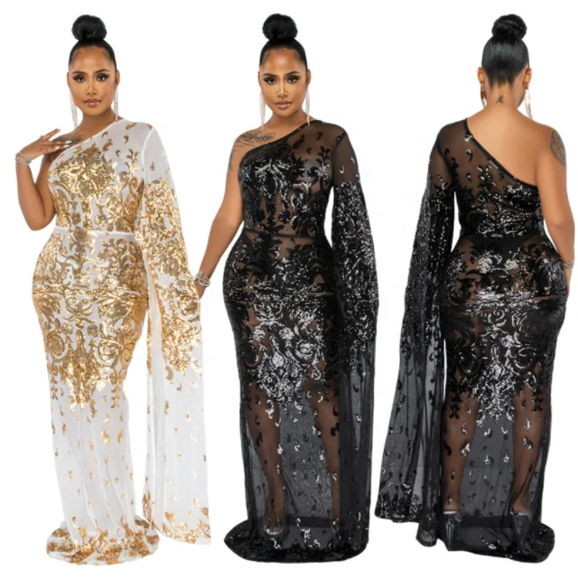 Women Party Dress One Shoulder Designer Luxury Evening Dresses  See Through Embroidery Sequin Party Night Evening Dress 3XL