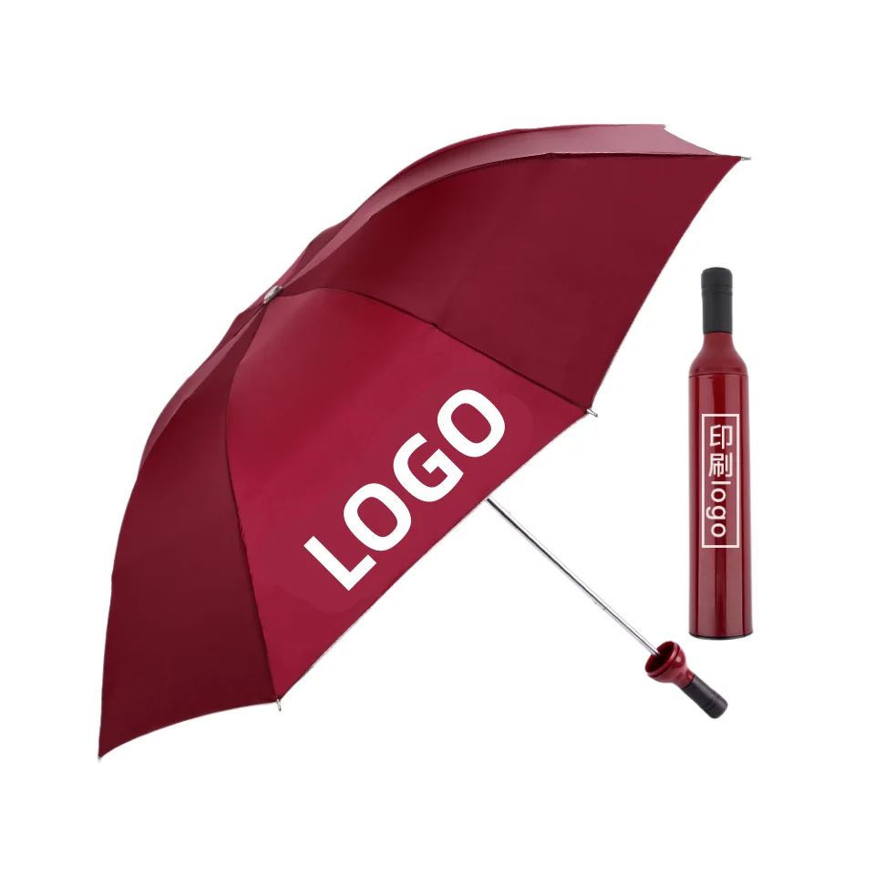 Wholesale Promotion Foldable  Business Gift set Custom Printing Logo Travel Rainy Sunny Wine Bottle 3 Folding Umbrella