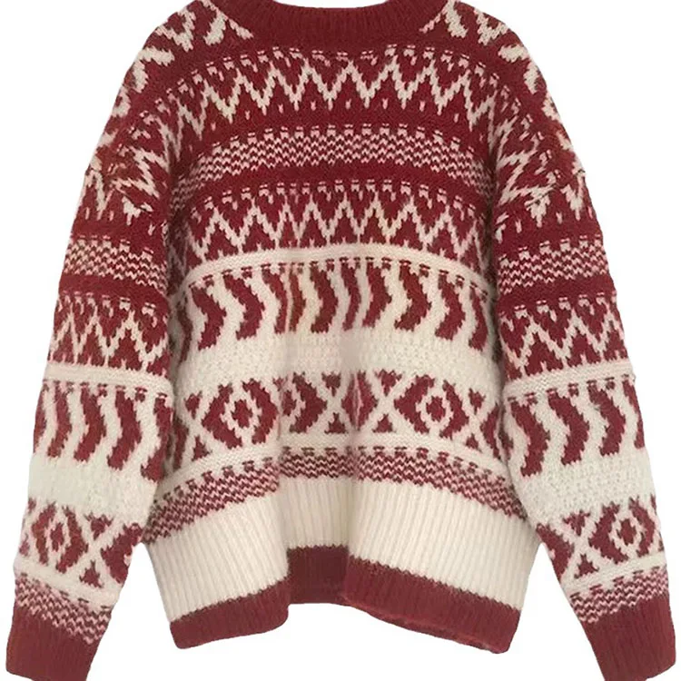 Customized Jacquard Knitted Hoodie High Neck Christmas Round Neck Sweater Christmas Sweater Hoodie Loose Knitted