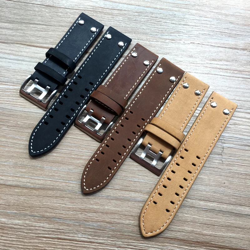 ONTHELEVEL 20mm 22mm Genuine Leather Strap watch band for Men Military Pilot Khaki Field Aviation