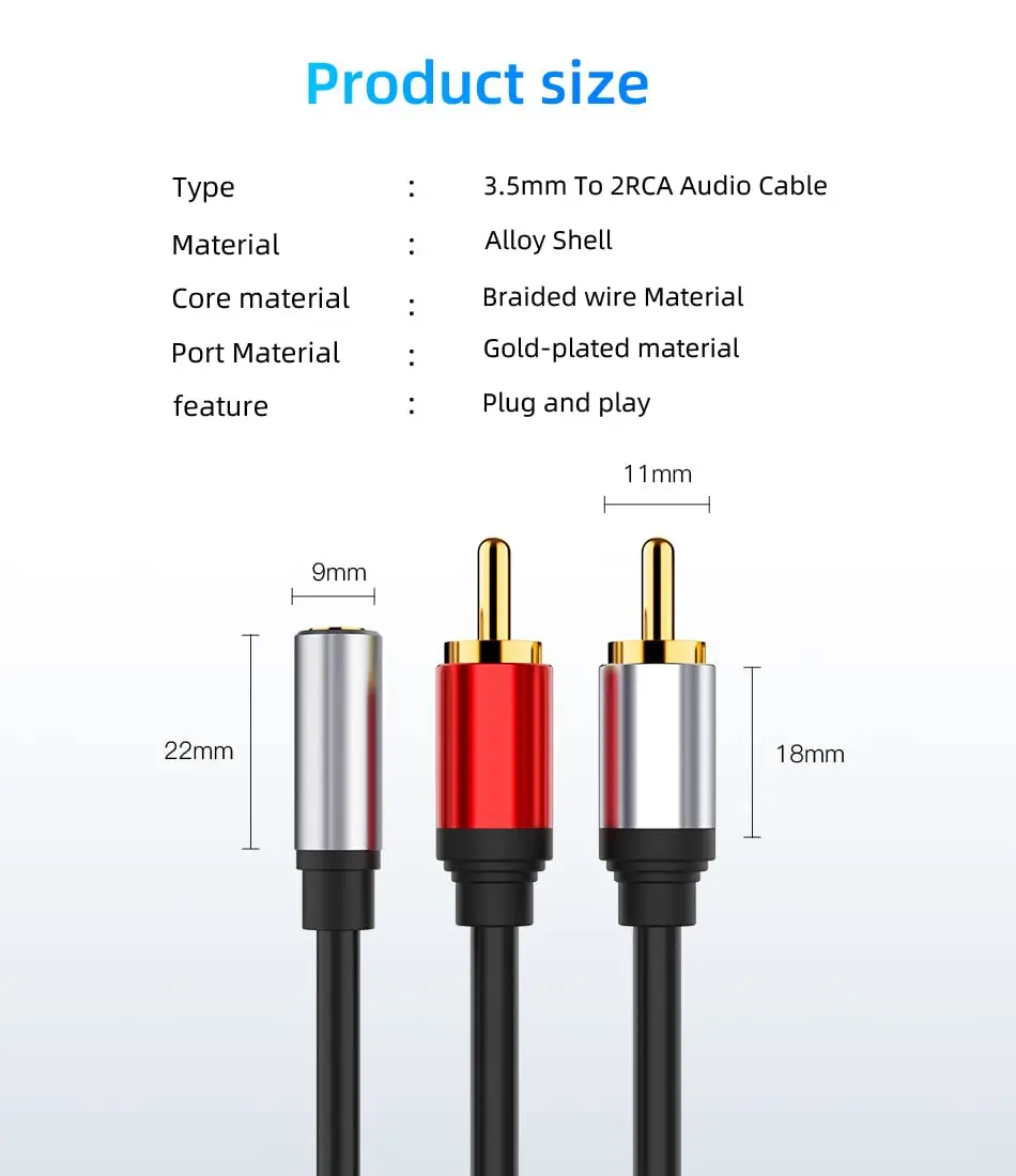 Hot selling av cable 3.5mm to 2RCA jack audio cable  computer TV speaker connection cable