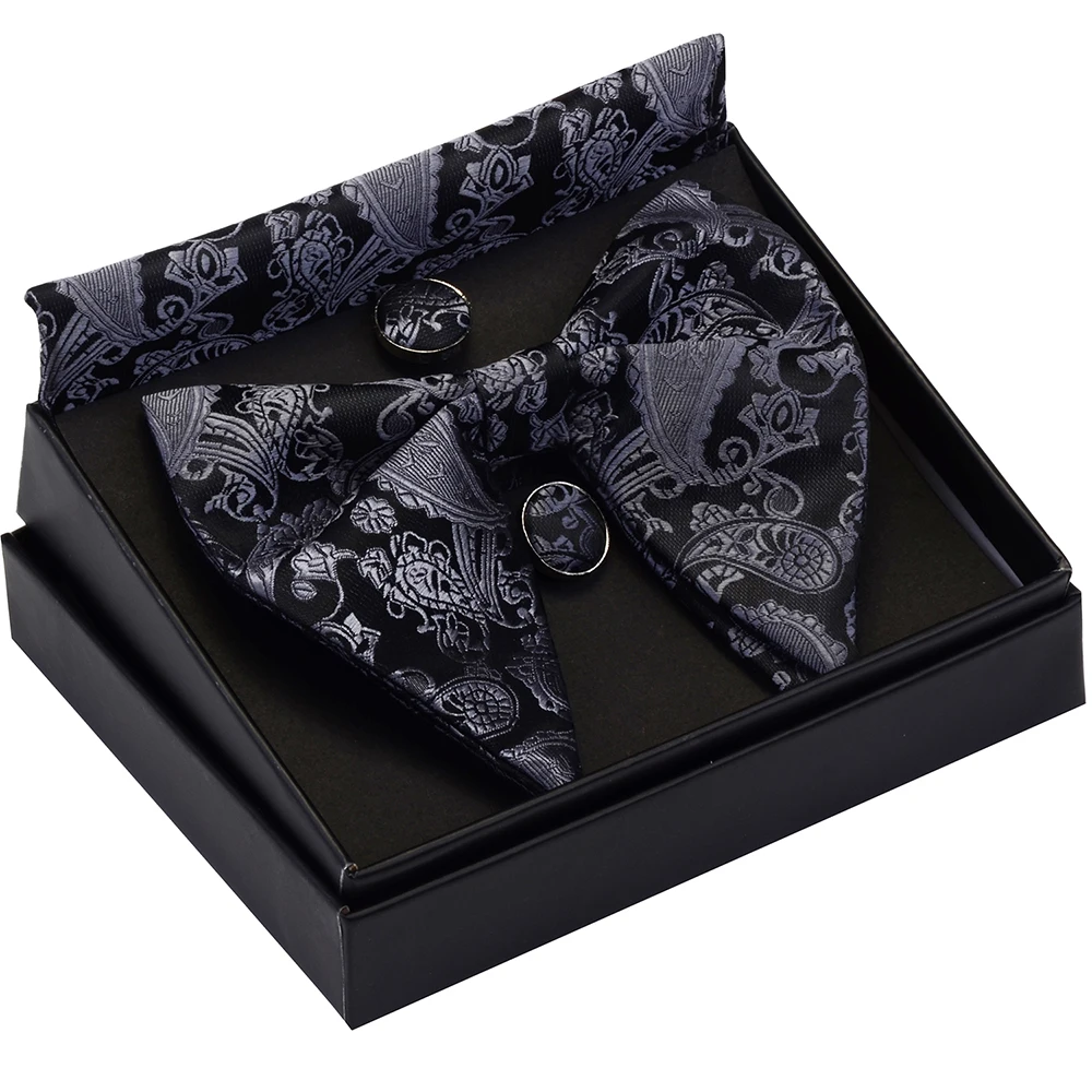 Fashion Silk Big Bowtie Handkerchief Cufflinks Set Bule Black Paisley Floral Jacquard Hanky Bow Ties for Men Business with Box