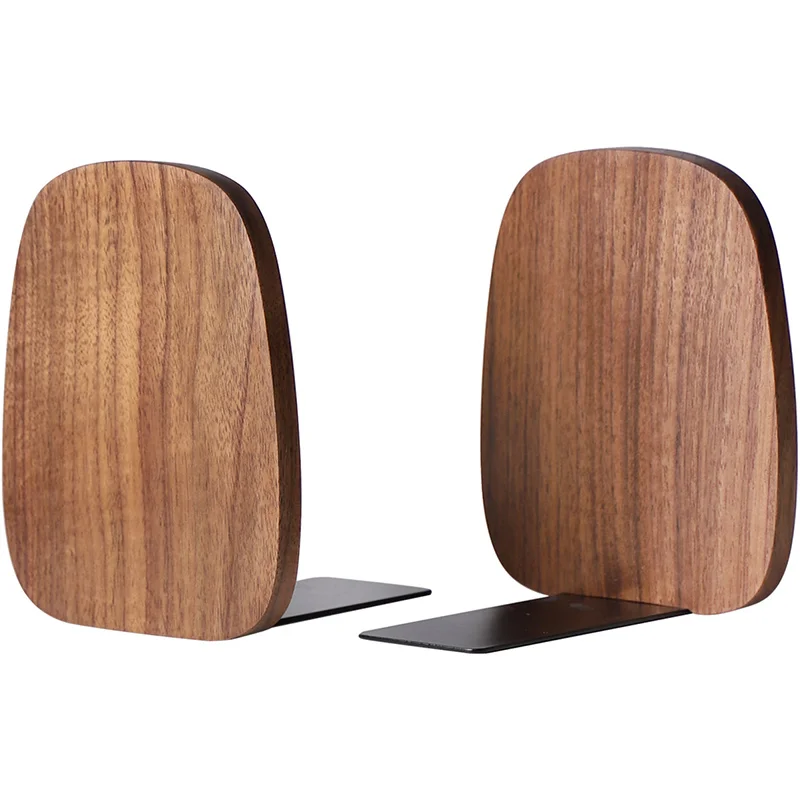 Creative Oval Shape Desktop Book Stand Wooden Bookends With Metal Black Walnut Book Ends