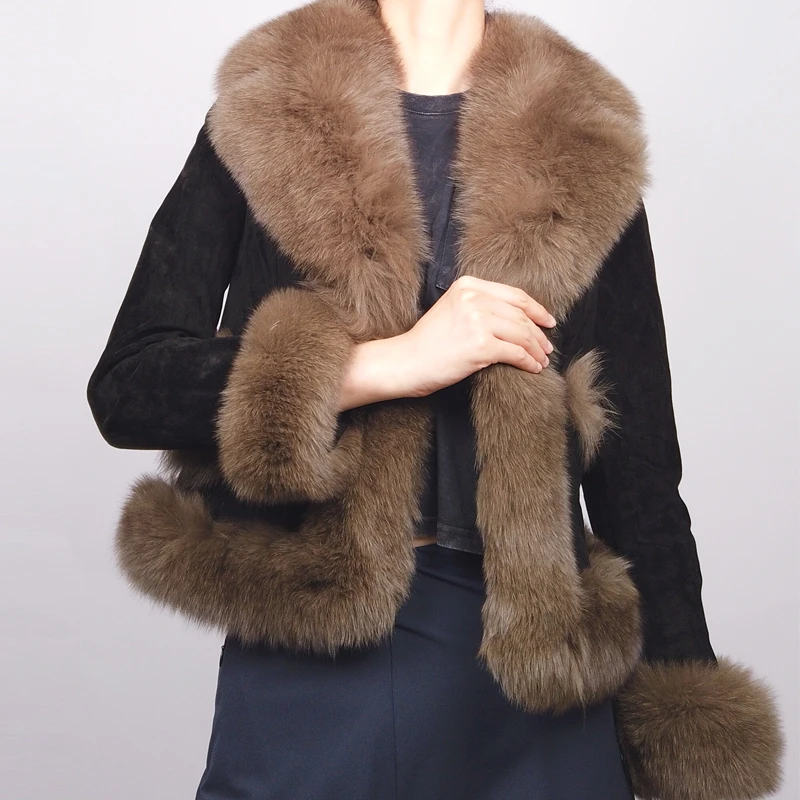 2021 custom Over size shape women real genuine leather winter coat with real fox fur decoration