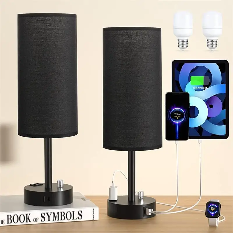 Home Hotel Warm Soft Linen Shade Desk Lamp Creative Modern Table Light with USB Charging Port