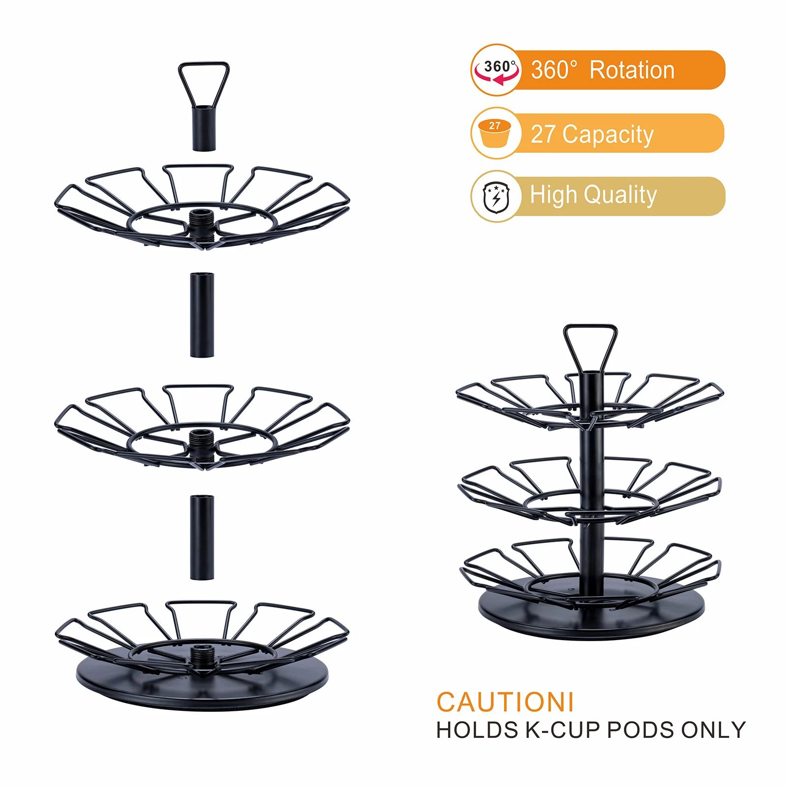 Modern 3-Tier Black Metal Coffee Pod Carousel Holder 360-Degree Spinning 27 Pods K-Cups Storage Rack for Kitchen Use Box Packed