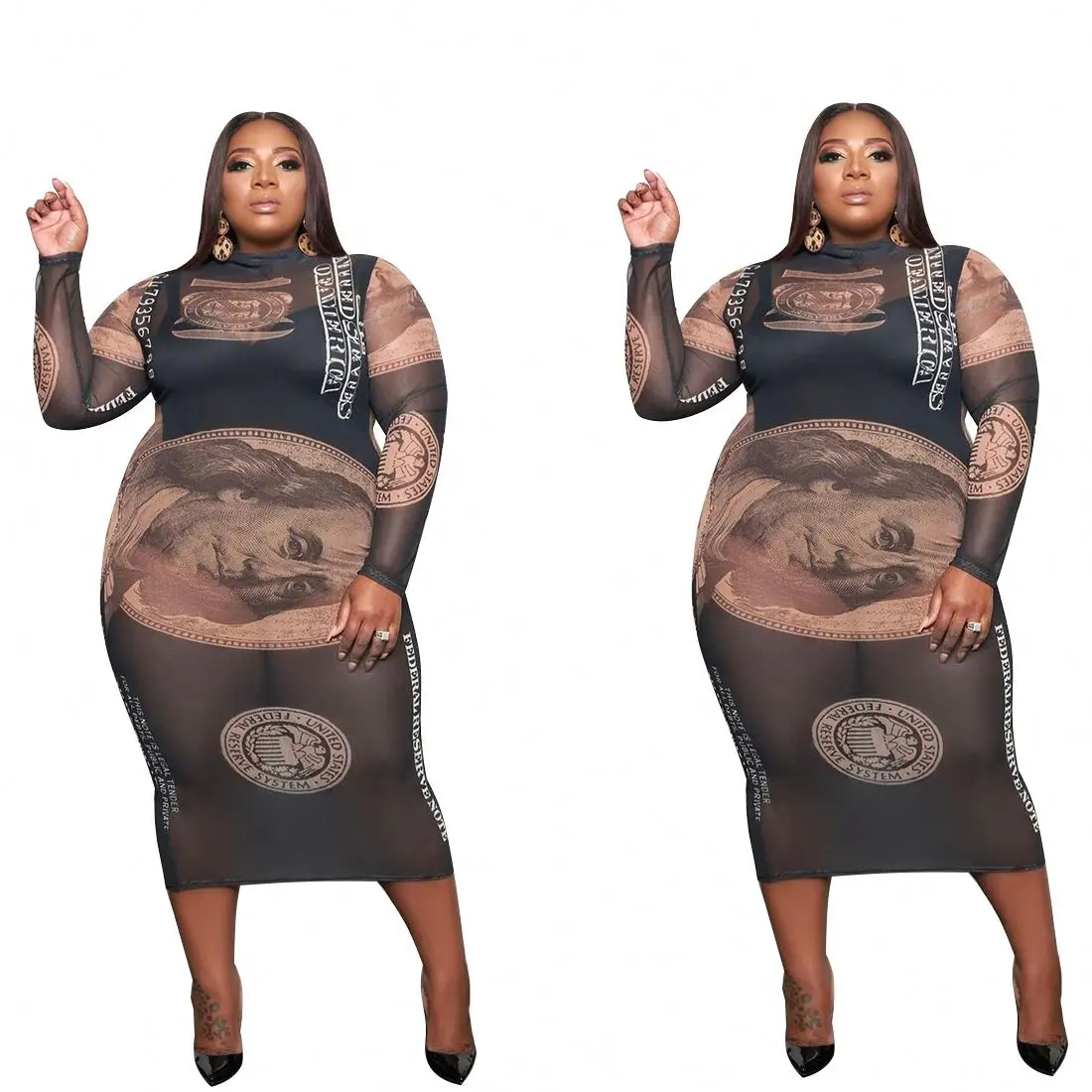 KC 2021 women dollar money print plus size mesh dress