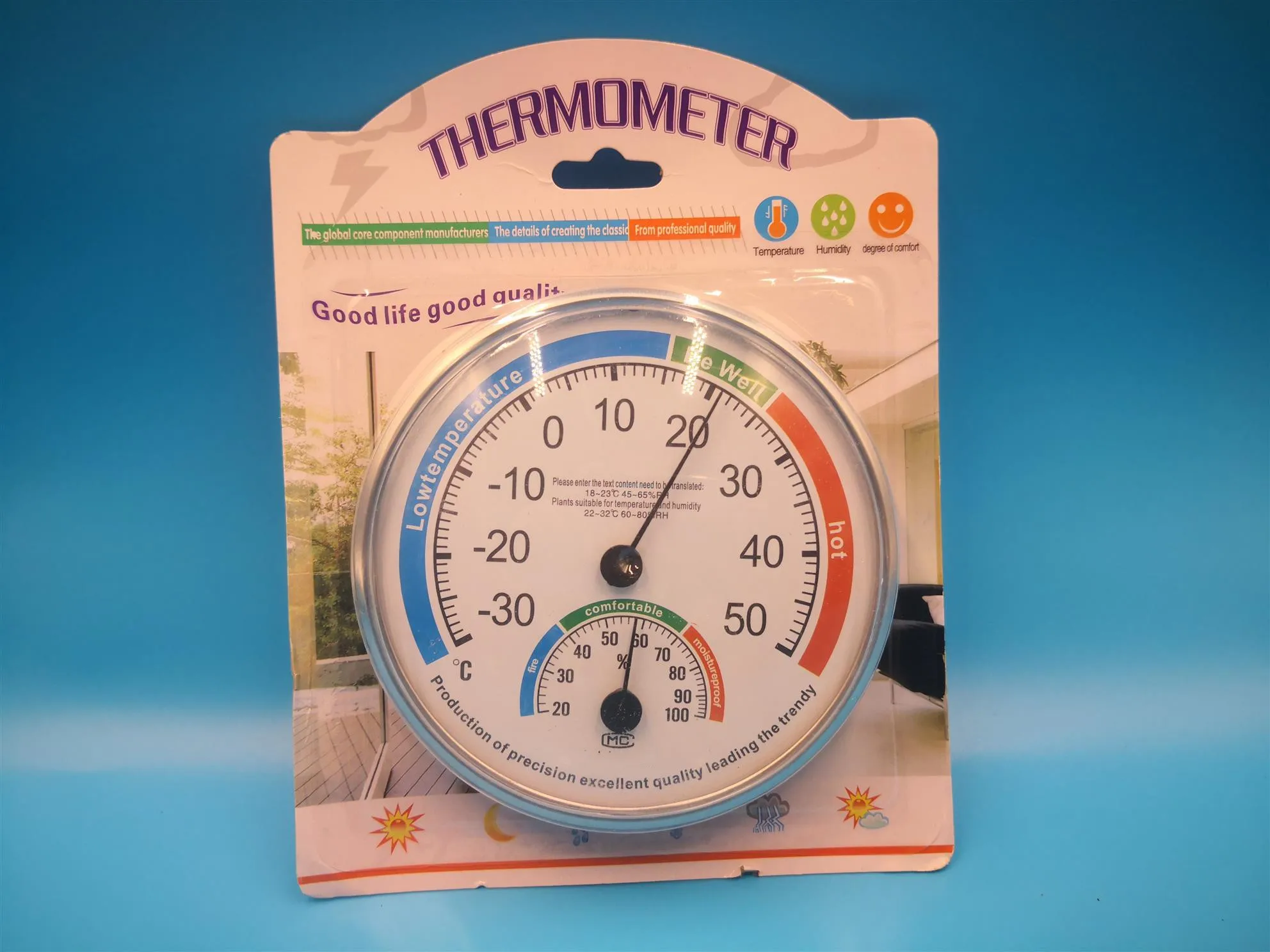 Dial cold room hygrometer thermometer of household indoor mount on wall or stand on desk analog mechanical battery-free 5 inch