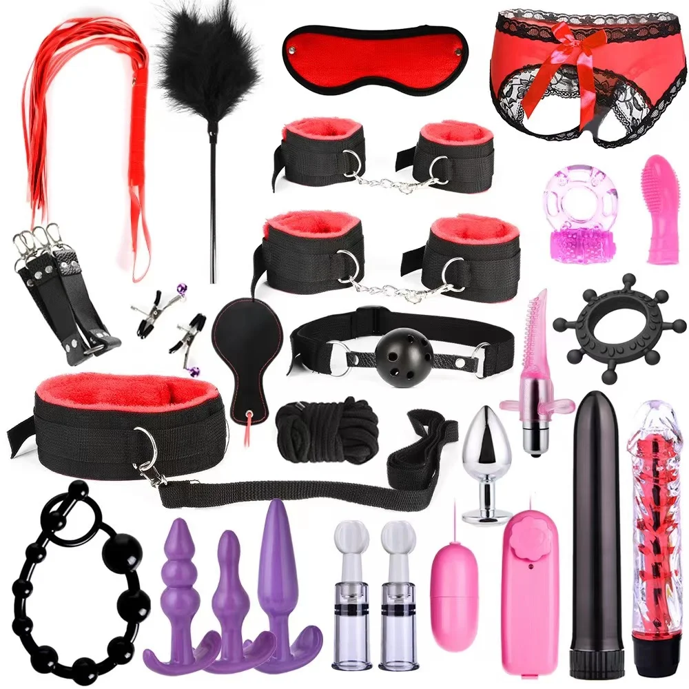 Sm sex toys 3-26 pieces of Nipple Clamps Handcuffs Whip Rope Anal Vibrator sex aid binding bondage Set sex Games for Couples