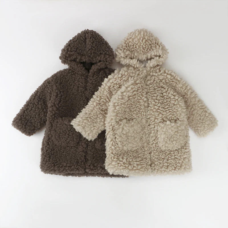 
2021 Fashion Fleece Fuzzy Faux Shearling Zipper Hooded Kids Coats Warm Winter Outwear Children Jackets 