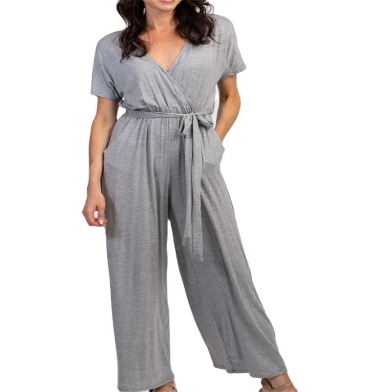 Heather Grey Solid Tie Front Maternity Wrap Jumpsuit long sleeve jumpsuit women nursing breastfeeding clothes