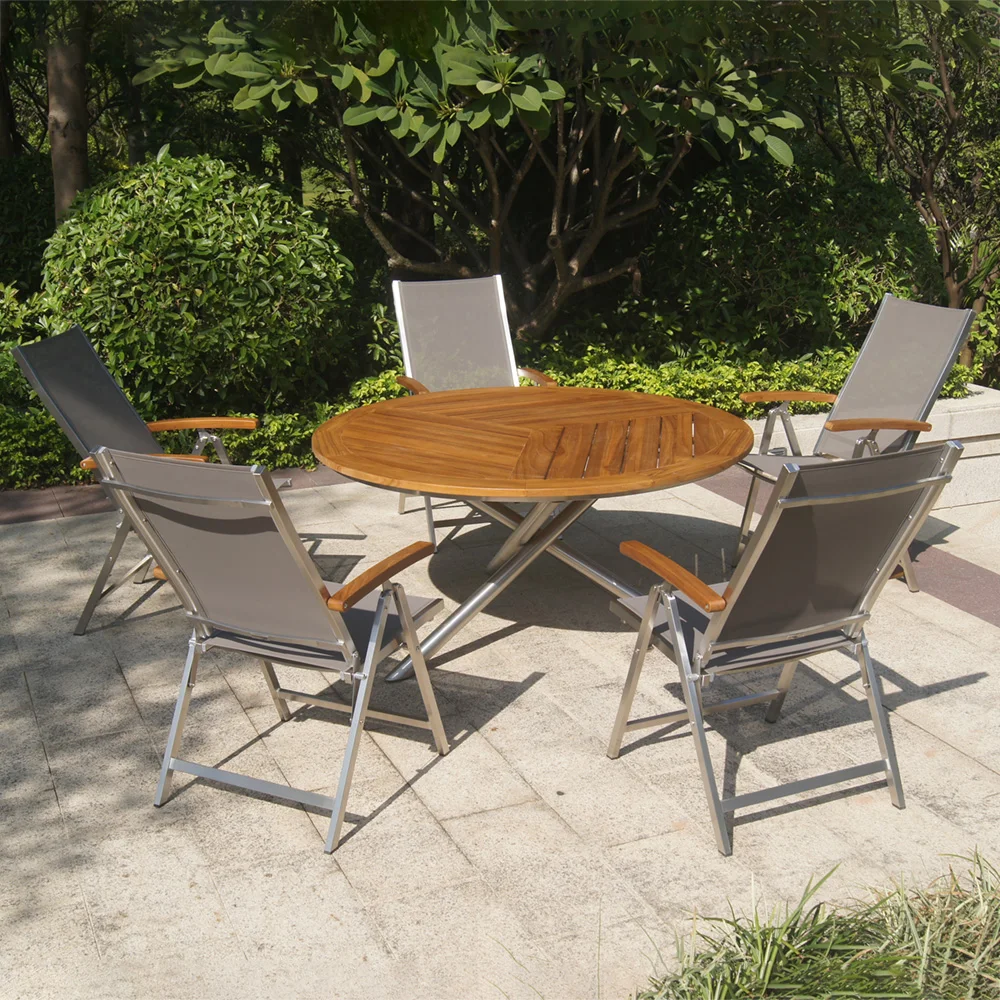 high quality modern garden furniture with sling folding chair and teak wood round table