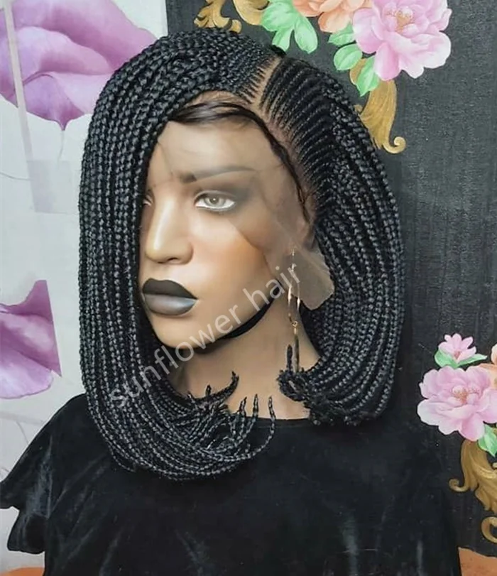 wholesale short bob twist braid afro braiding wig cornrow human hair wig braided short lace wig for black women