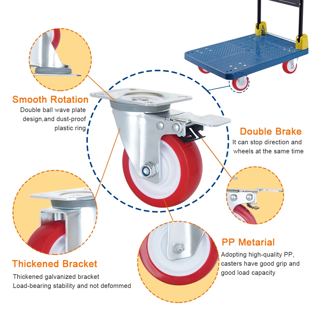 New European Style Casters 3/4/5 Inch  Polyurethane Red PU Wheels Castor Fix /With Brake Type  For Industrial