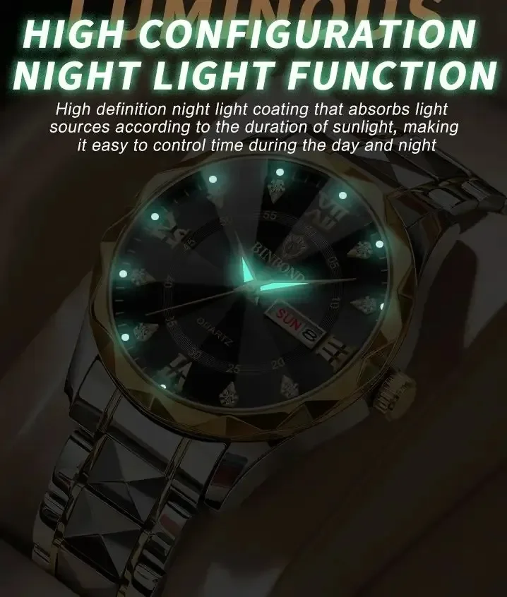 BINBOND 2521 Hot Sale Fashion Hot Sale Mens Watch  Luminous Calendar Quartz Wristwatch Men Stainless Steel Watch