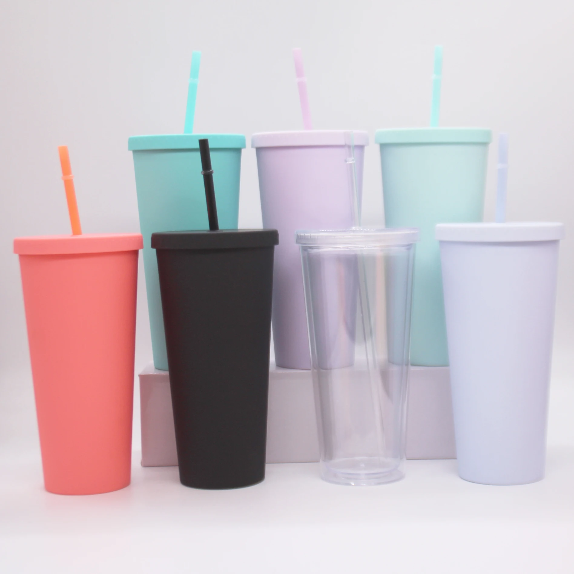  Tumblers With Lids (4 Pack) 24oz Colored Acrylic Reusable Cups And Straws Double Wall Matte Plastic