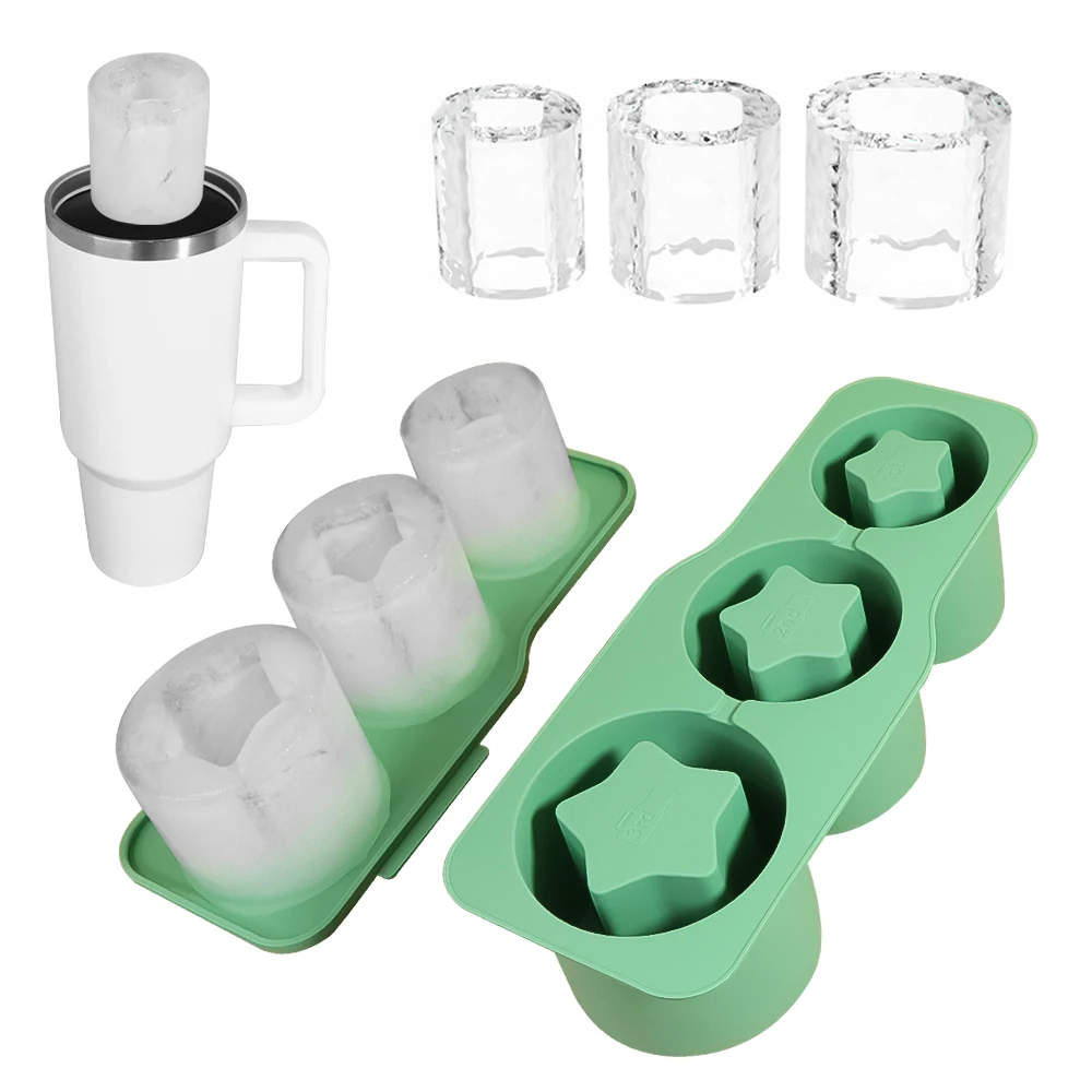 Early Riser Silicone Ice Cube Tray 3 Hollow Cylinder Ice Mold For 20-40oz Tumbler Cup Accessories With Lid & Bin