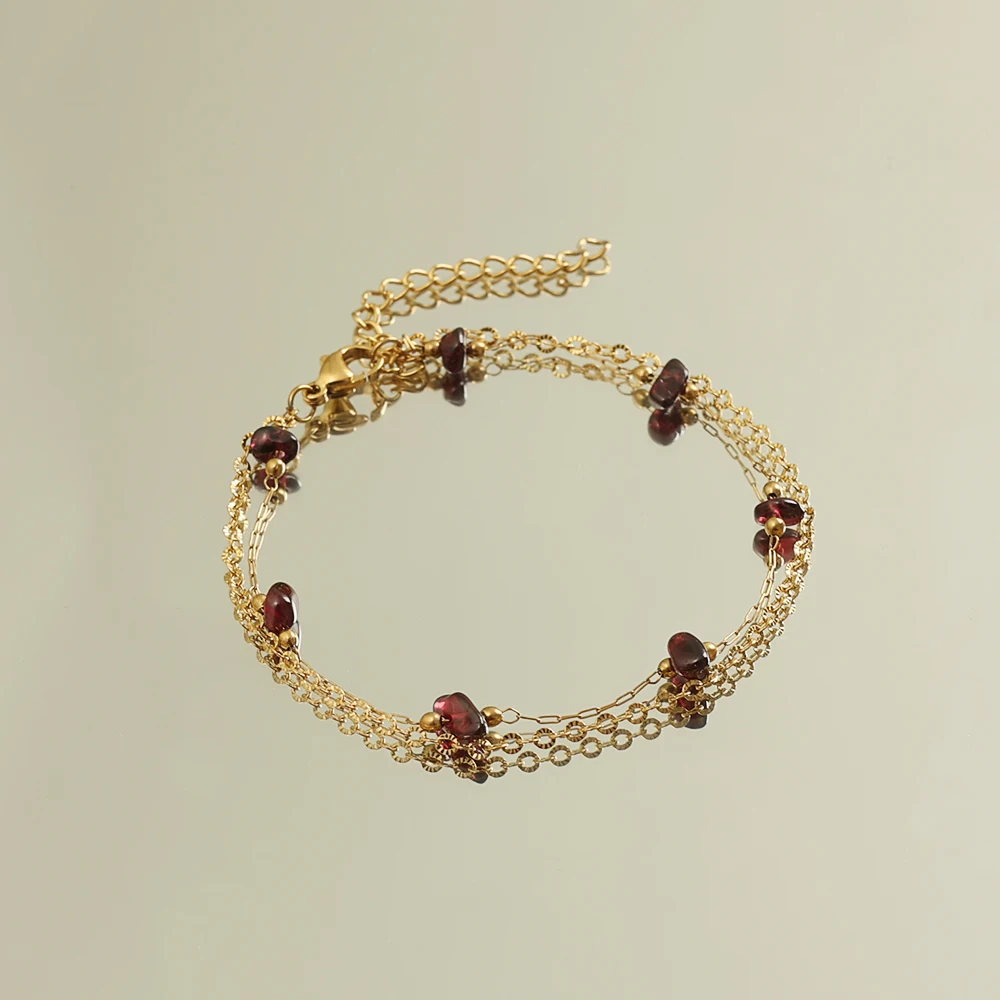 MX Unique Birthstone Bracelet Stainless Steel 18K Gold Double Chain Bracelet Garnet Stone Beaded Jan Dainty Bracelet