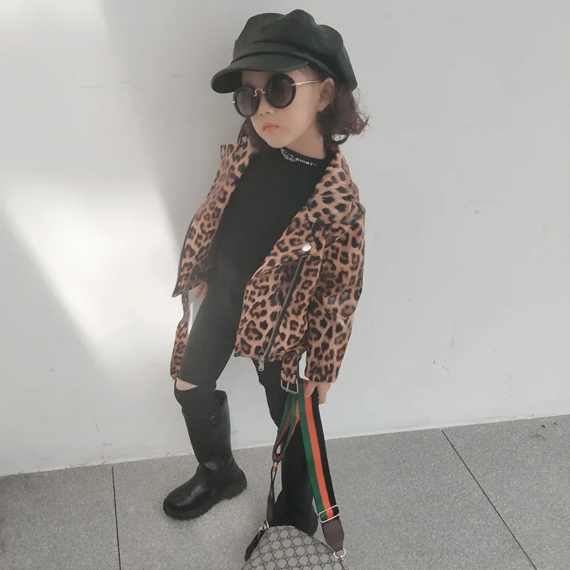 
New arrival toddler girls fashion Leopard grain spring autumn new designs leather bag jacket girls zipper coat clothing for kids 