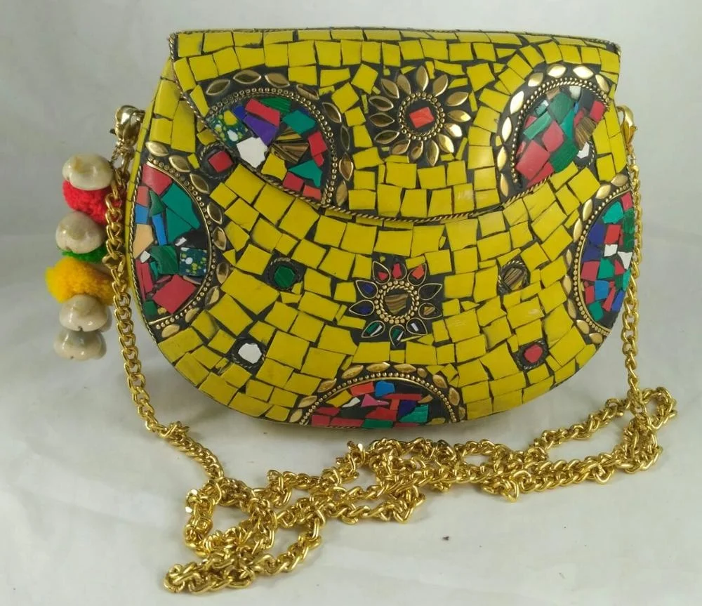New Style Luxury Yellow Multi Stone Mosaic Metal Stylish Clutch Bag Evening Bag Woman Handbag Elegant Top Classic Fashionable