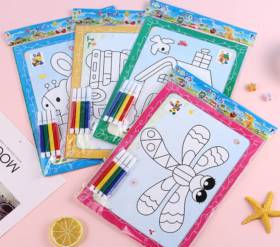 Customized Watercolor painting book early childhood coloring puzzle graffiti paper sheet with pens