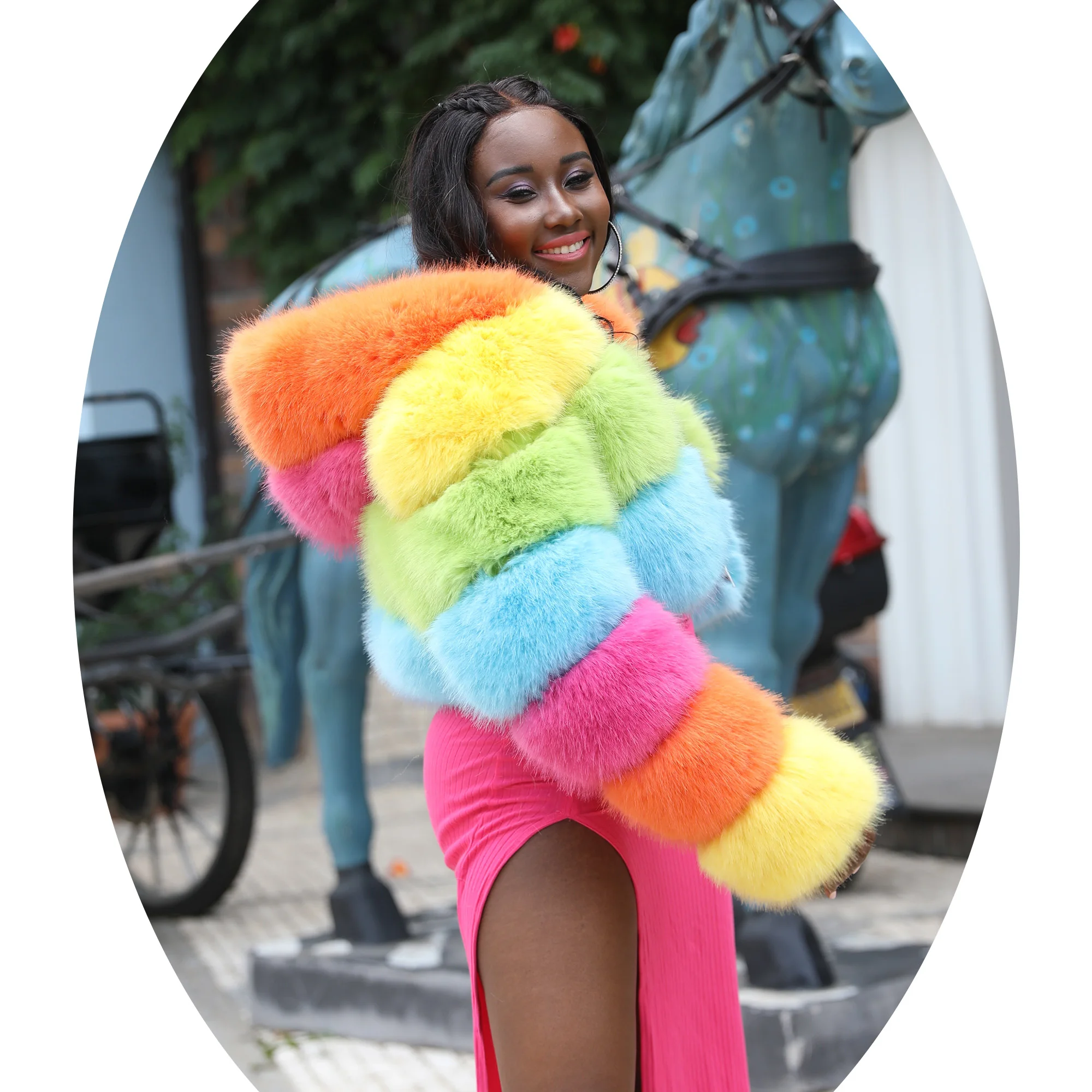 Janefur fashion hooded faux fur coat winter top cropped bubble colorful fur coat custom plus size short fake fur coat