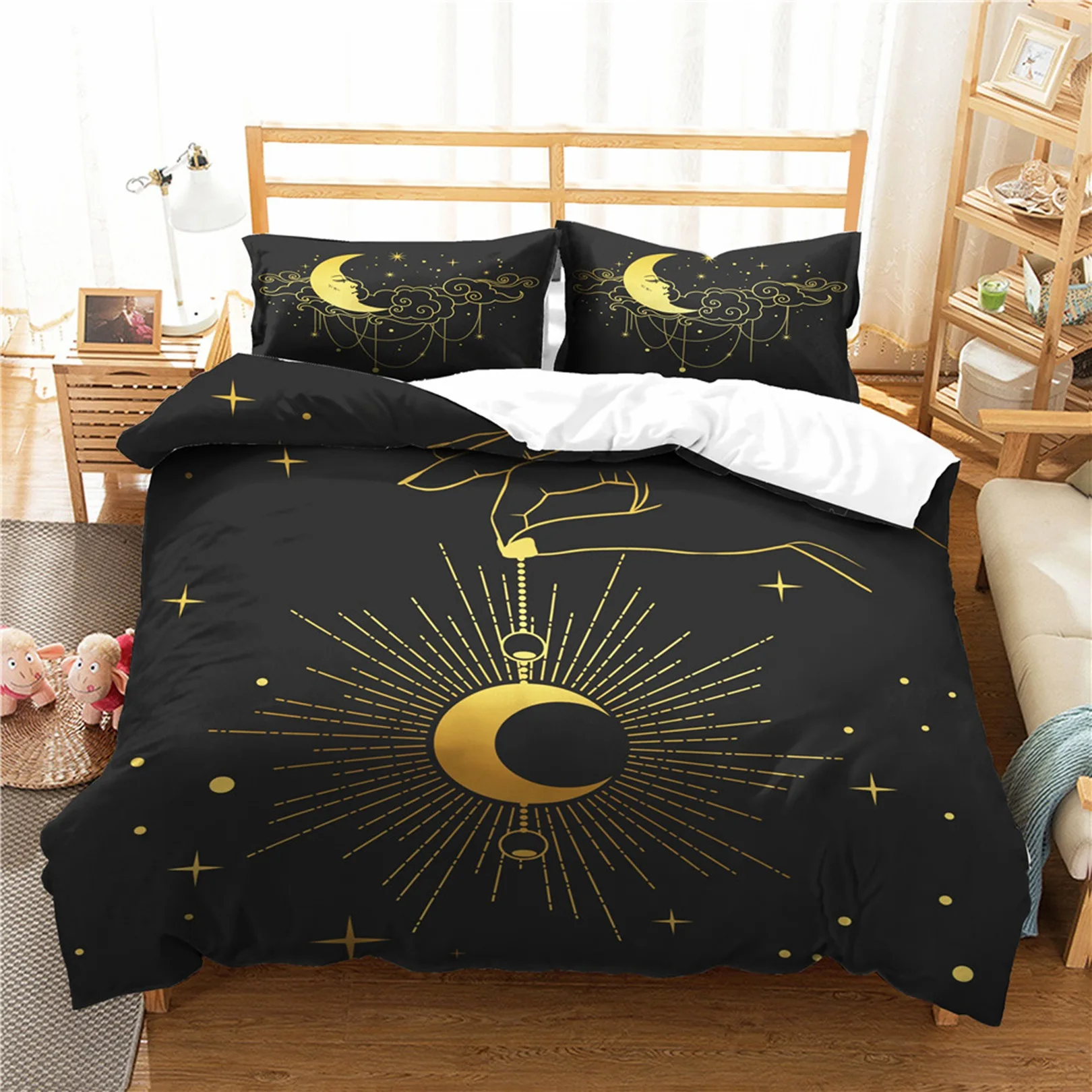 Sun Moon Comforter Cover Set Stars Space Psychedelic Duvet Cover Black and White Bedding Set 3pcs for Kids Boys Teens Microfiber