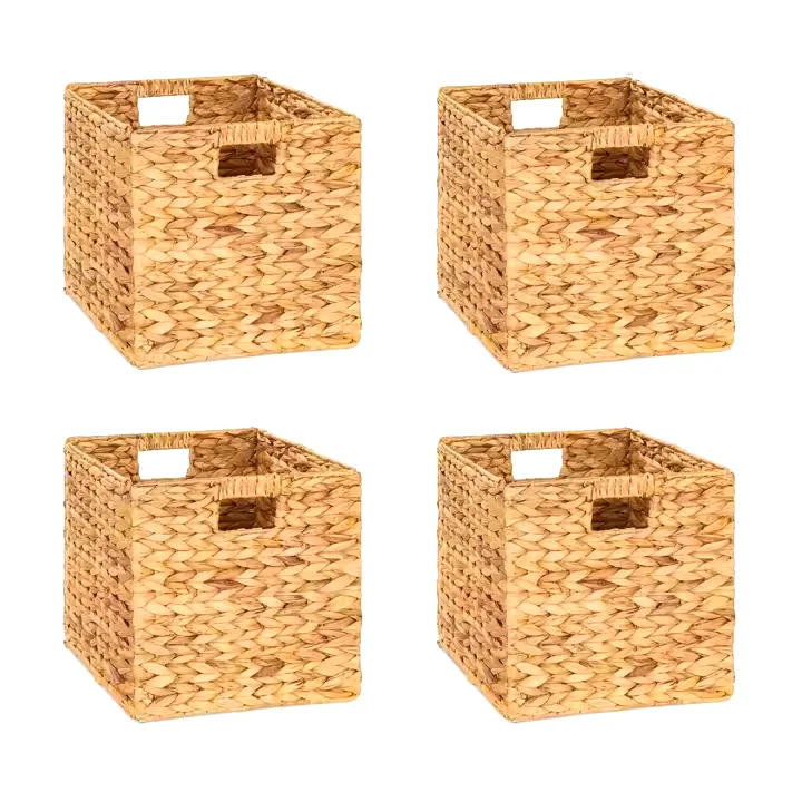 Factory direct supply woven storage basket foldable woven water hyacinth grass simple square grid sundries storage basket
