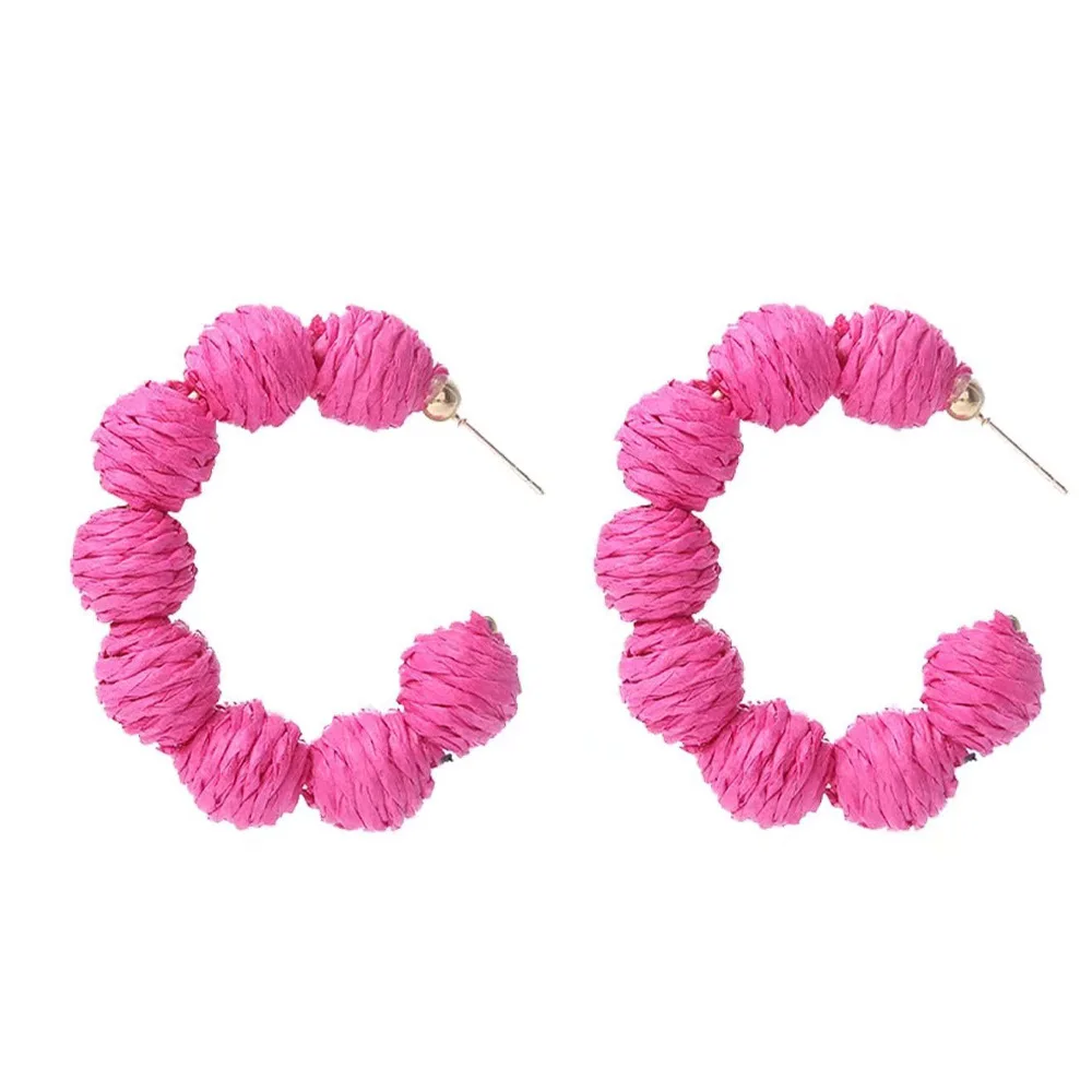 Wholesale Summer Boho Raffia Ball C Shape Chunky Hoop Dangle Earrings Straw Wicker Statement Earrings For Women Girls