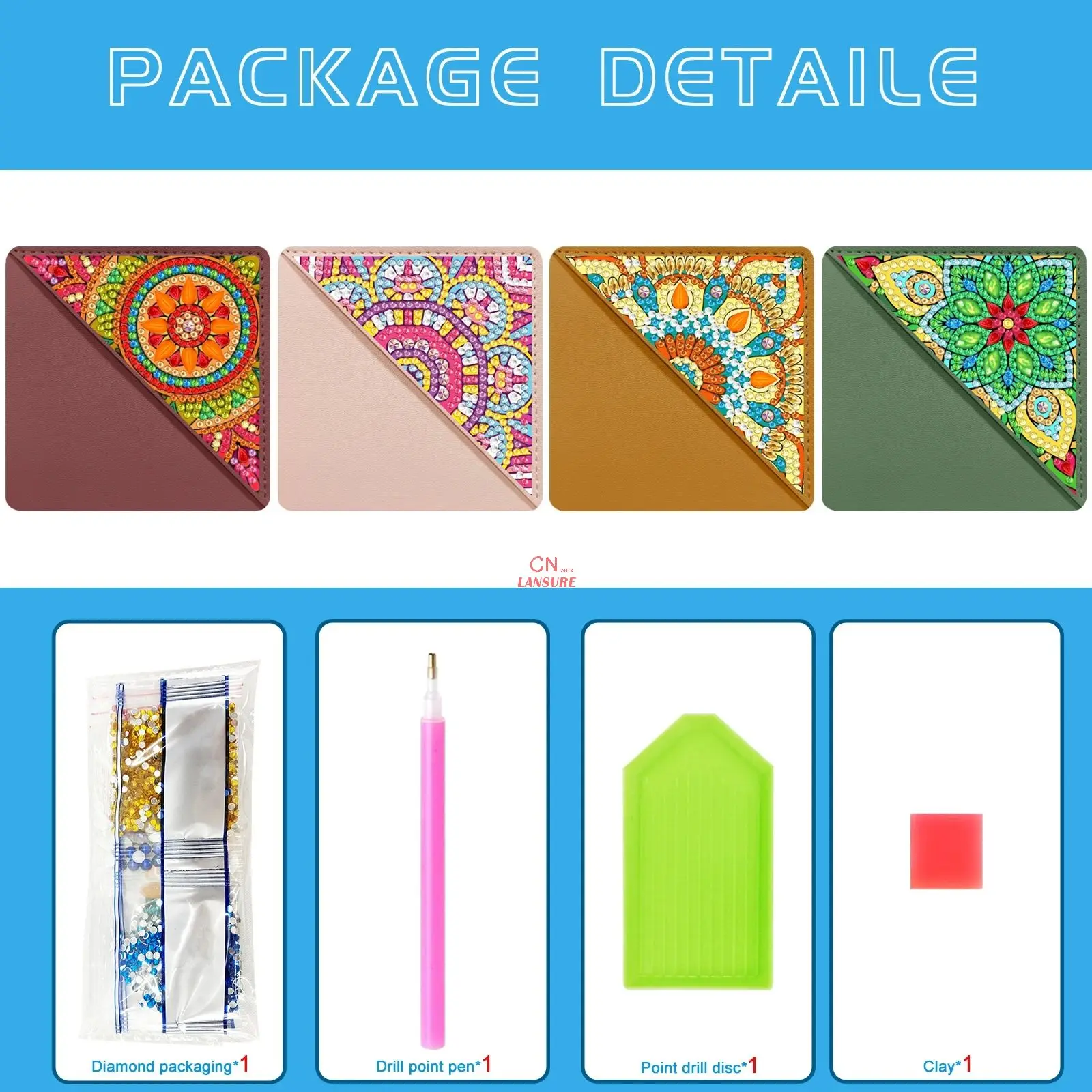 LS 4pcs set 5D diamond painting PU leather pack corner bookmark diy mandala triangle bookmark handmade