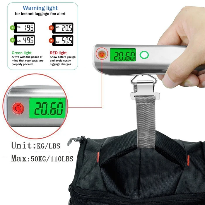 J&R Ergonomic Handle Stainless Steel Portable Weighing 50KG Luggage Scale with Measurement Tape