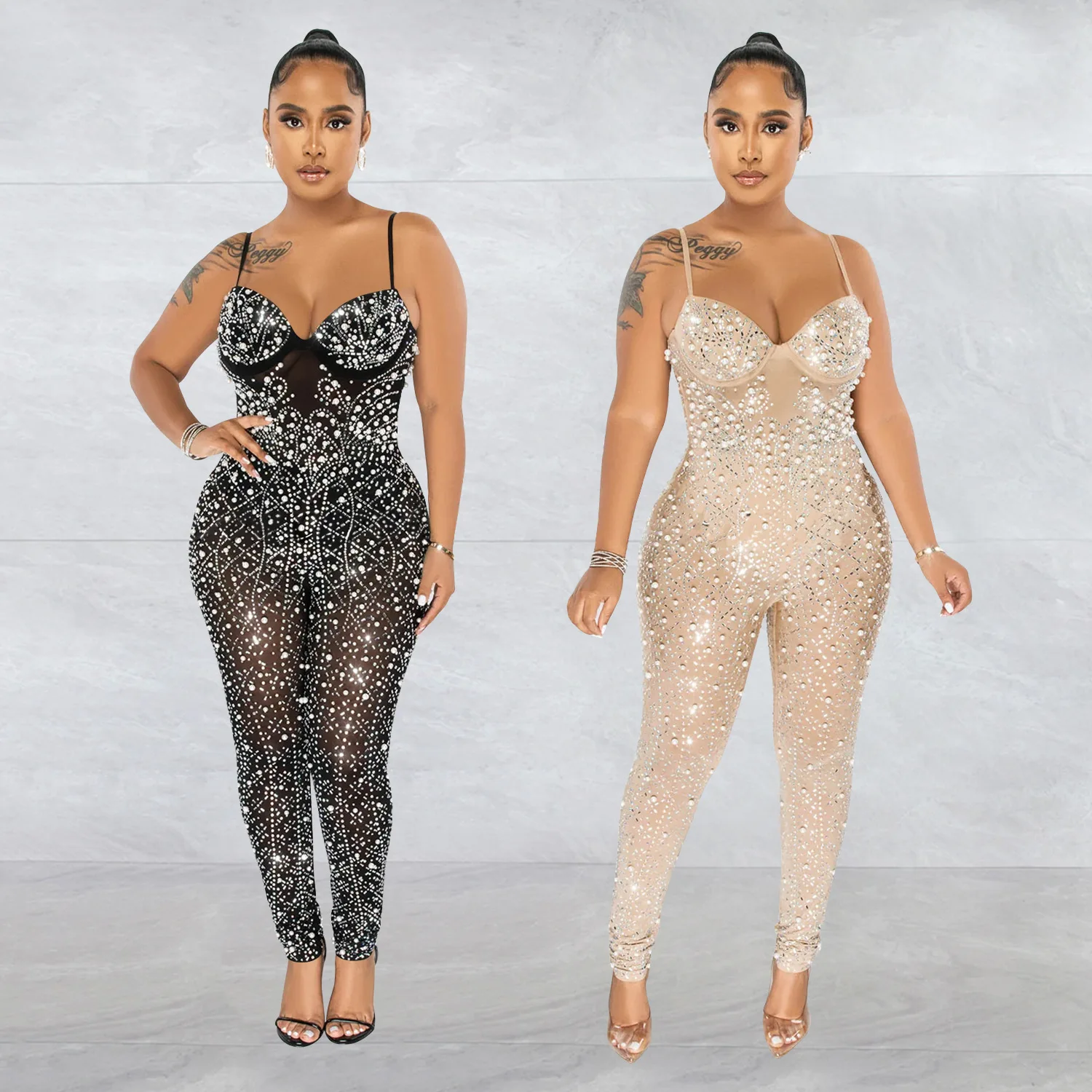 X1599 - luxury mesh sleeveless long rhinestone halter bandage sexy women dress party  jumpsuits