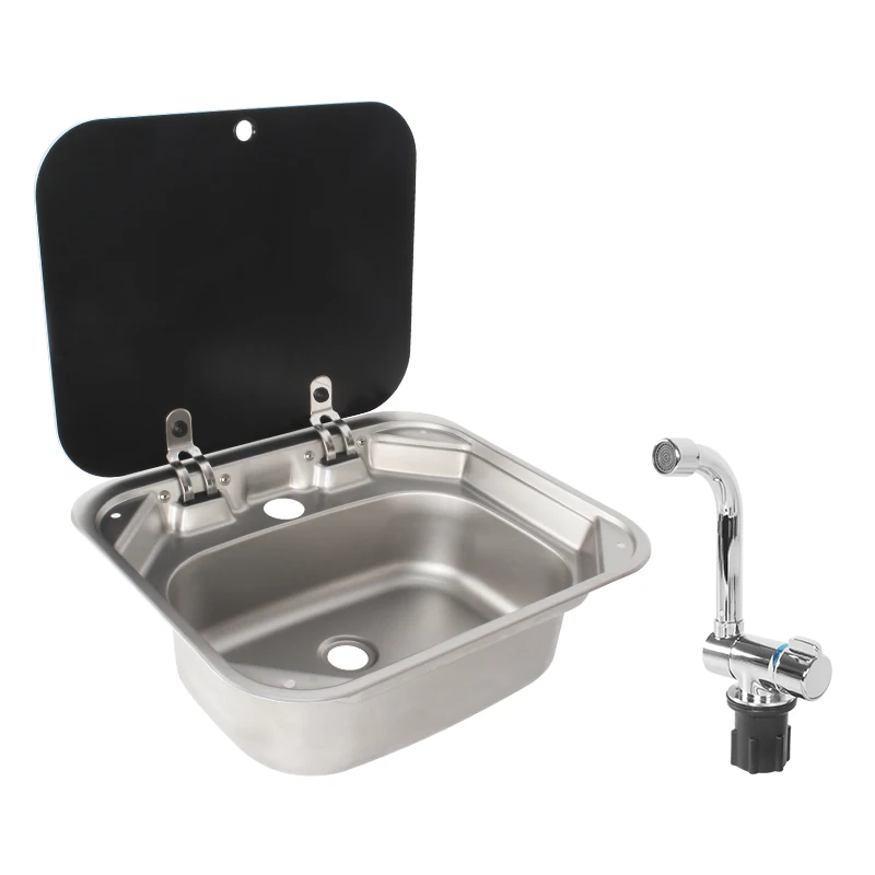 TYTXRV RV Sink Single Hand Wash Basin Sink with Tempered Glass Lid 304 Stainless Steel for Caravan RV Boat Kitchen Accessories