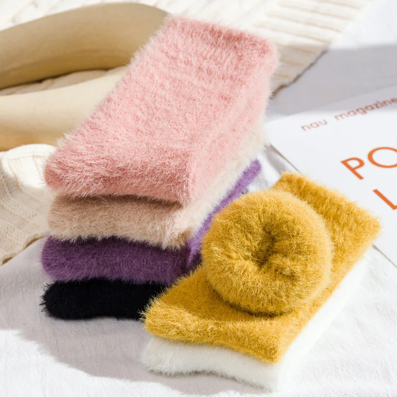 Winter and autumn crew solid color soft thick warm socks female mink home floor sleeping socks middle tube stockings
