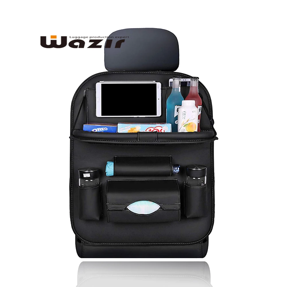 PU Leather car seat organizer with folding foldable table tray Tablet Phone bottle mug holder tissue storage bag