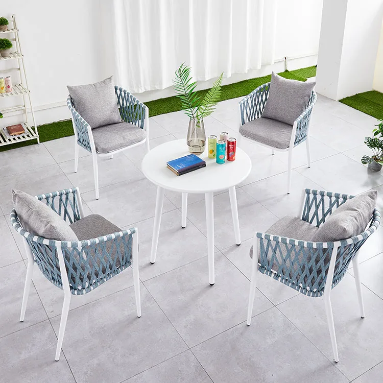 Outdoor Metal Restaurant Rope Patio Cafe Garden 5 Pieces Dining White Round Table Set